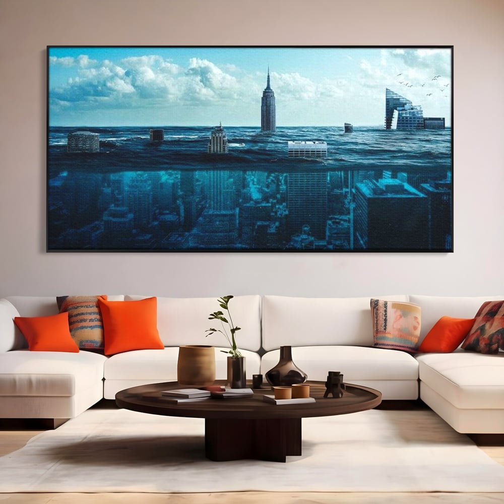 Tablou canvas cu ilustratie digitala cu oras scufundat in ocean, in rama de aluminiu negru, pe perete intr-un living